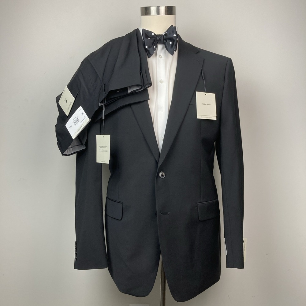 Calvin Klein Suit Men's Black Slim Fit Wool Blend Jacket 46L Pants 40x30